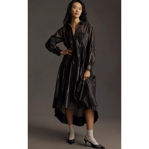 Pilcro Long-Sleeve V-Neck Metallic High-Low Dress - New XS - Picture 1 of 5